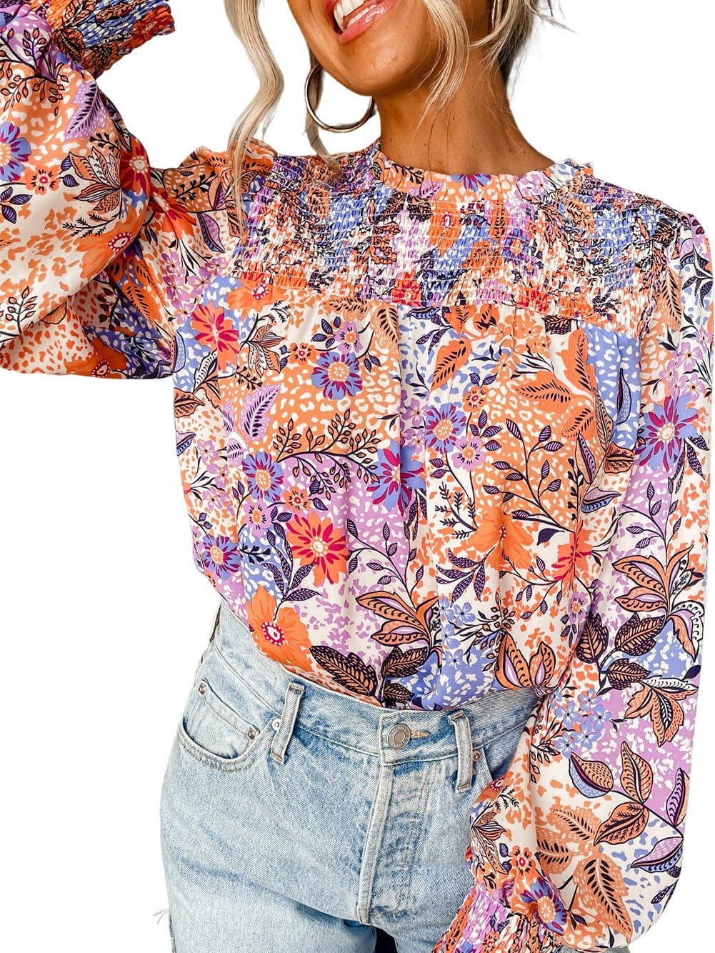 Floral Ruffle Trim Round Neck Blouse with Bishop Sleeves