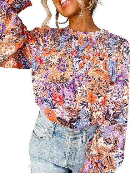 Floral Ruffle Trim Round Neck Blouse with Bishop Sleeves