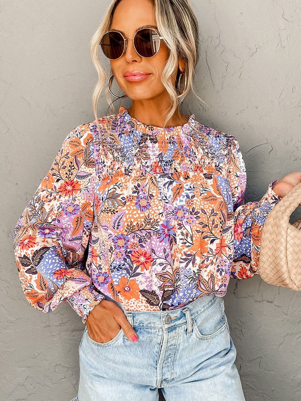 Floral Ruffle Trim Round Neck Blouse with Bishop Sleeves