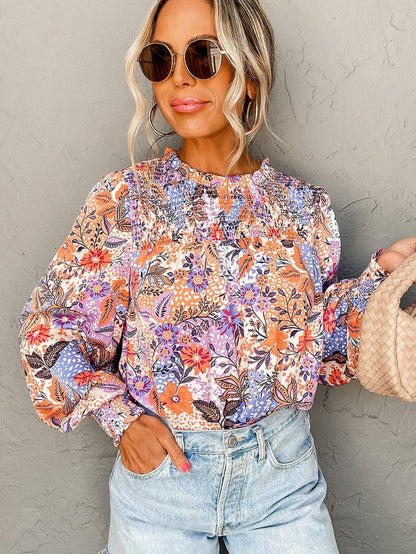 Floral Ruffle Trim Round Neck Blouse with Bishop Sleeves