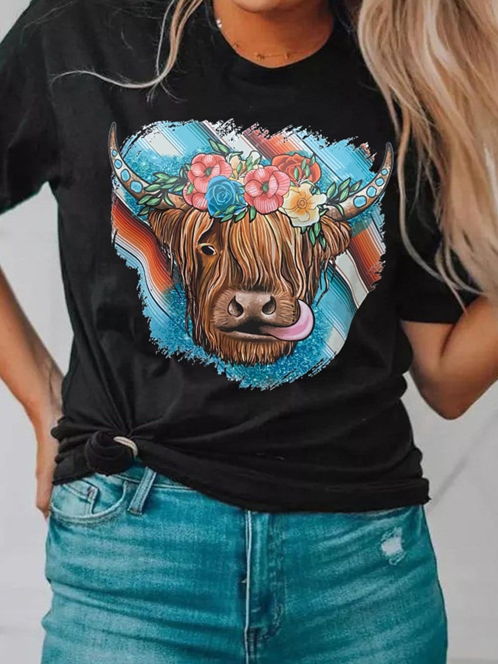 Floral Serape Cow Skull Print Black Western Tee