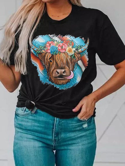 Floral Serape Cow Skull Print Black Western Tee
