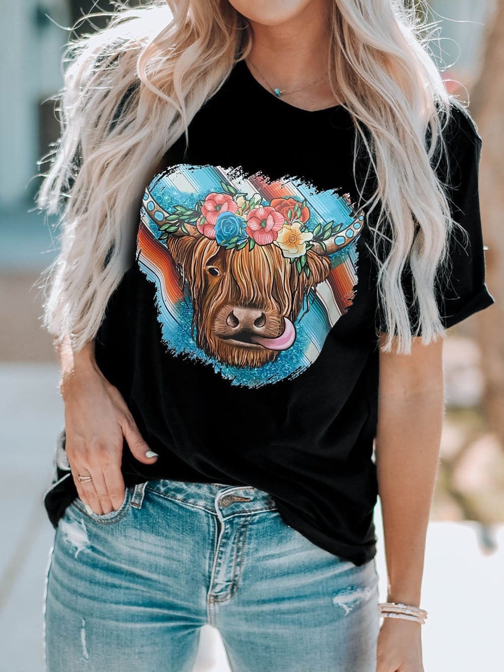 Floral Serape Cow Skull Print Black Western Tee