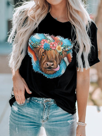 Floral Serape Cow Skull Print Black Western Tee