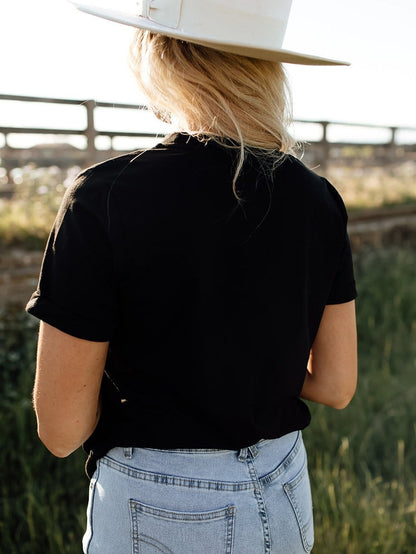 Floral Serape Cow Skull Print Black Western Tee