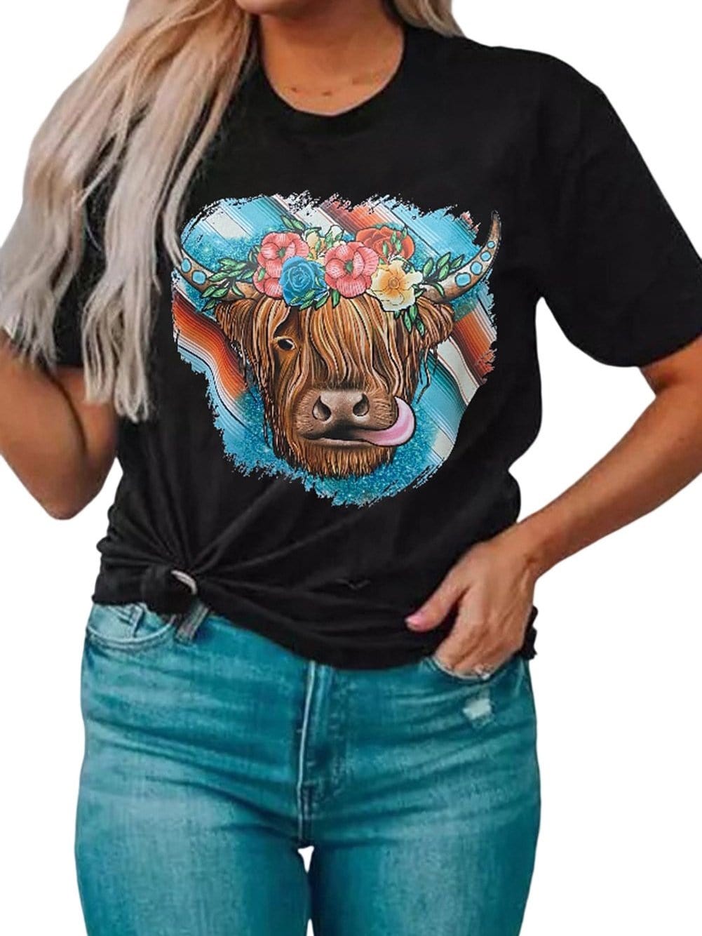 Floral Serape Cow Skull Print Black Western Tee
