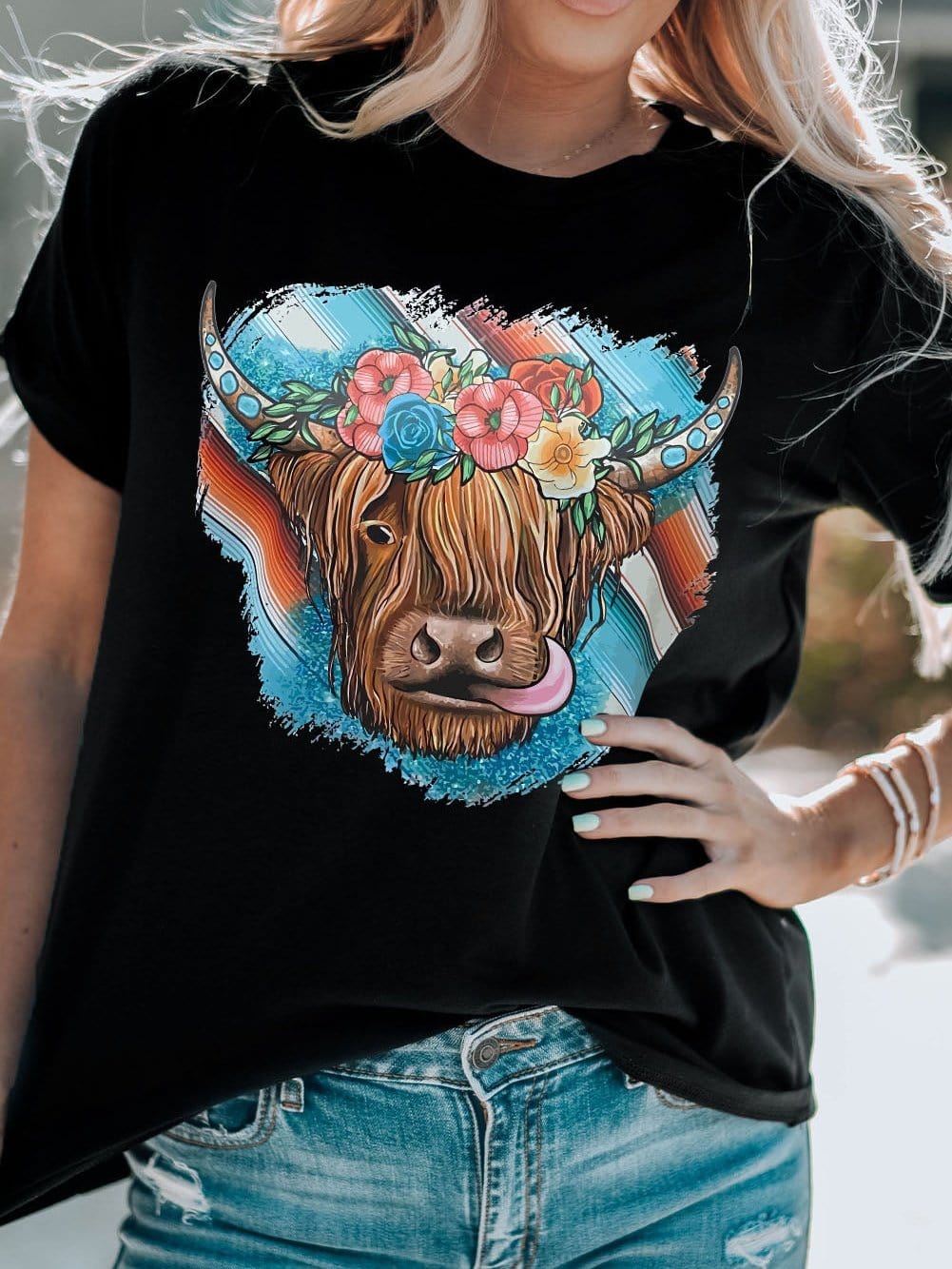 Floral Serape Cow Skull Print Black Western Tee