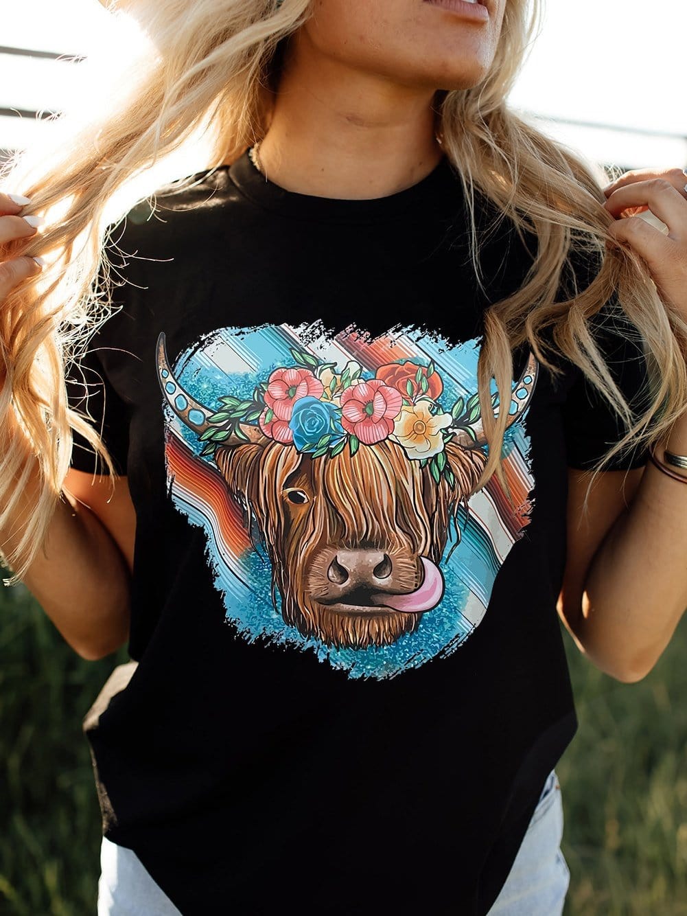 Floral Serape Cow Skull Print Black Western Tee