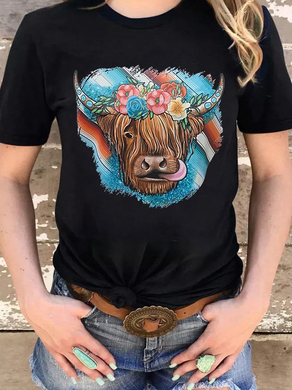 Floral Serape Cow Skull Print Black Western Tee