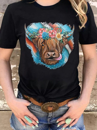Floral Serape Cow Skull Print Black Western Tee