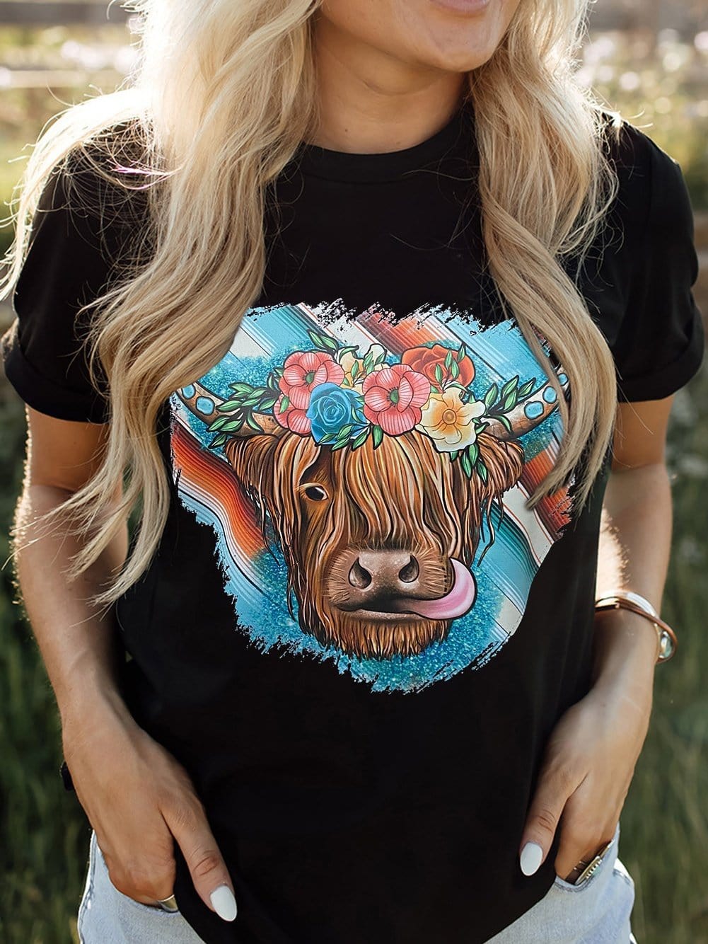 Floral Serape Cow Skull Print Black Western Tee