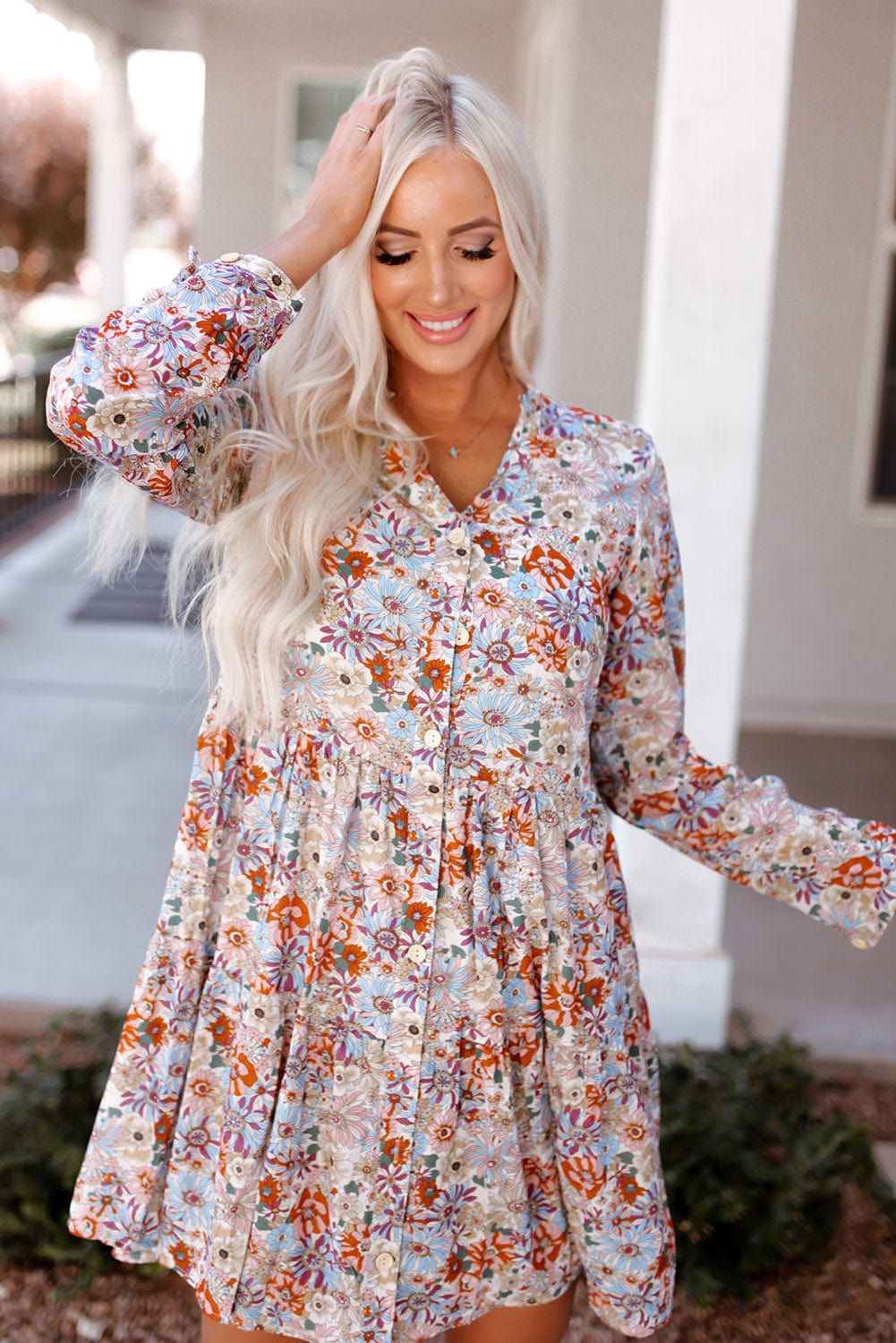 Floral Shirt Dress with Split Neckline and Button Front