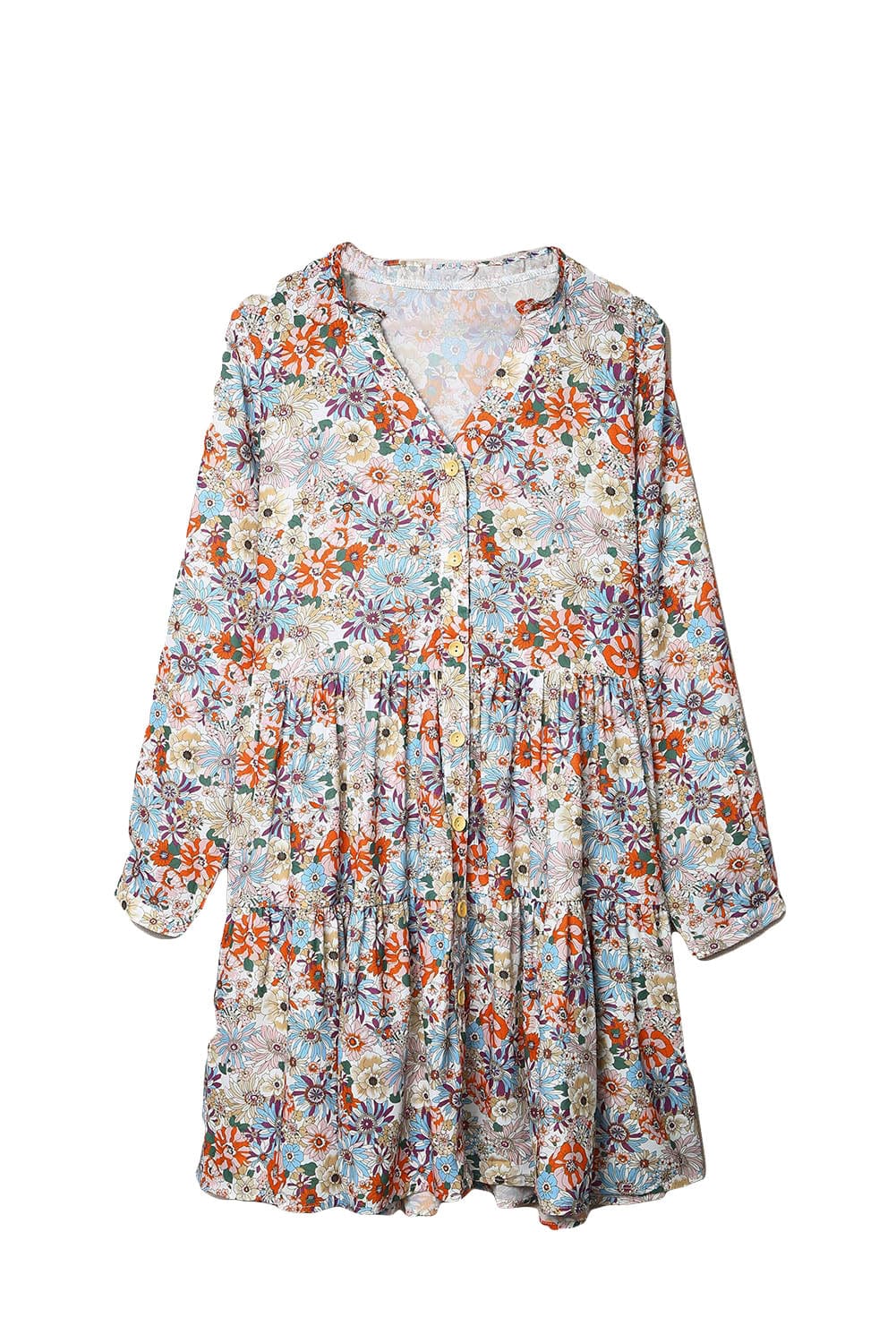 Floral Shirt Dress with Split Neckline and Button Front