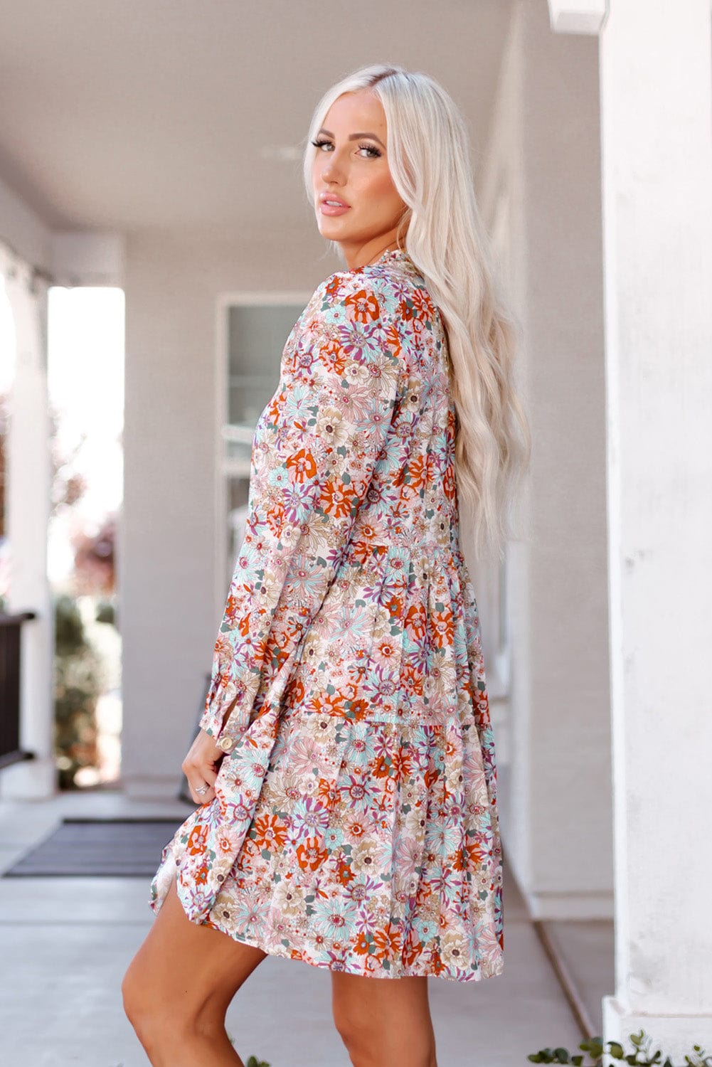 Floral Shirt Dress with Split Neckline and Button Front