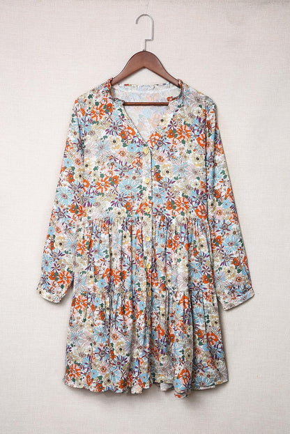 Floral Shirt Dress with Split Neckline and Button Front