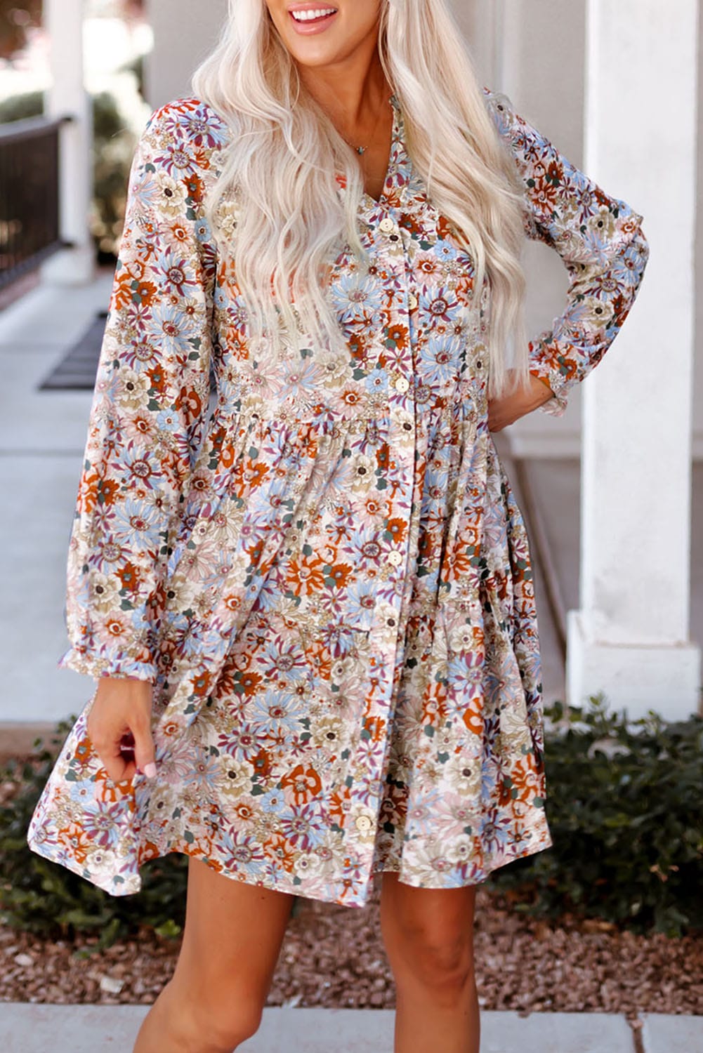 Floral Shirt Dress with Split Neckline and Button Front