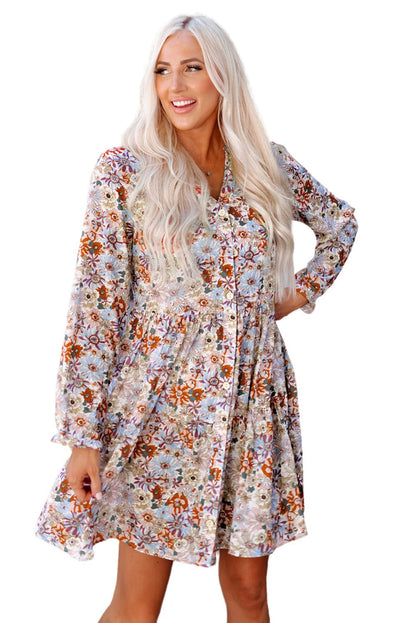 Floral Shirt Dress with Split Neckline and Button Front