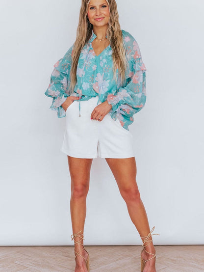 Floral Sky Blue Ruffled Puff Sleeve Blouse with Split Neck