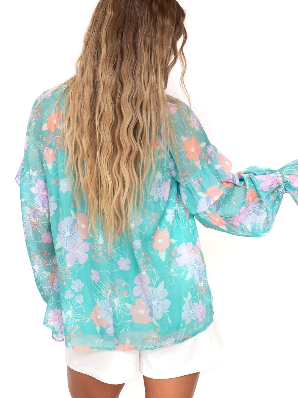 Floral Sky Blue Ruffled Puff Sleeve Blouse with Split Neck