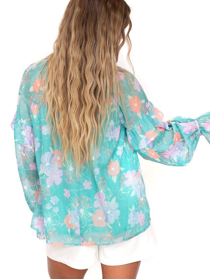 Floral Sky Blue Ruffled Puff Sleeve Blouse with Split Neck