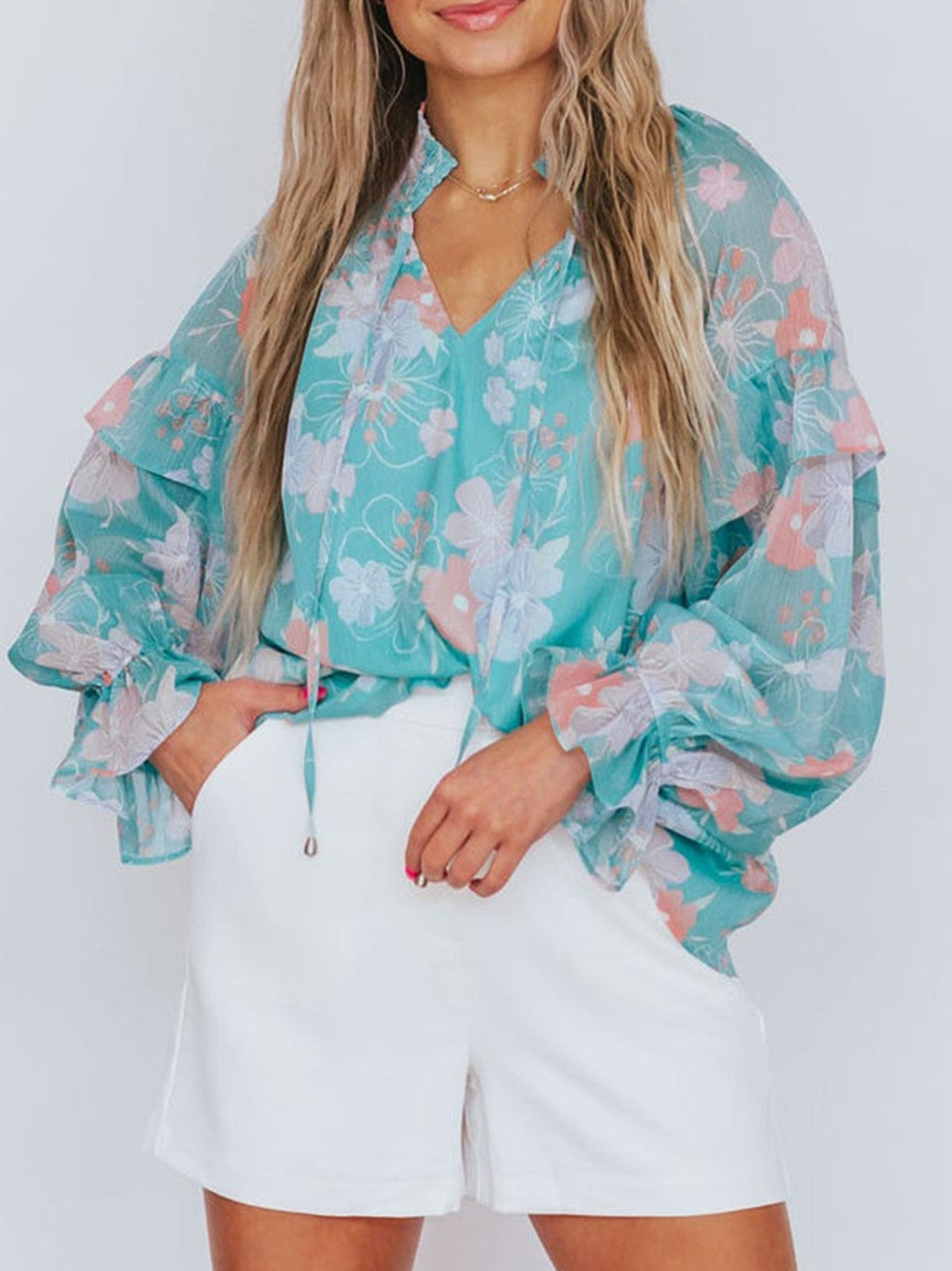 Floral Sky Blue Ruffled Puff Sleeve Blouse with Split Neck