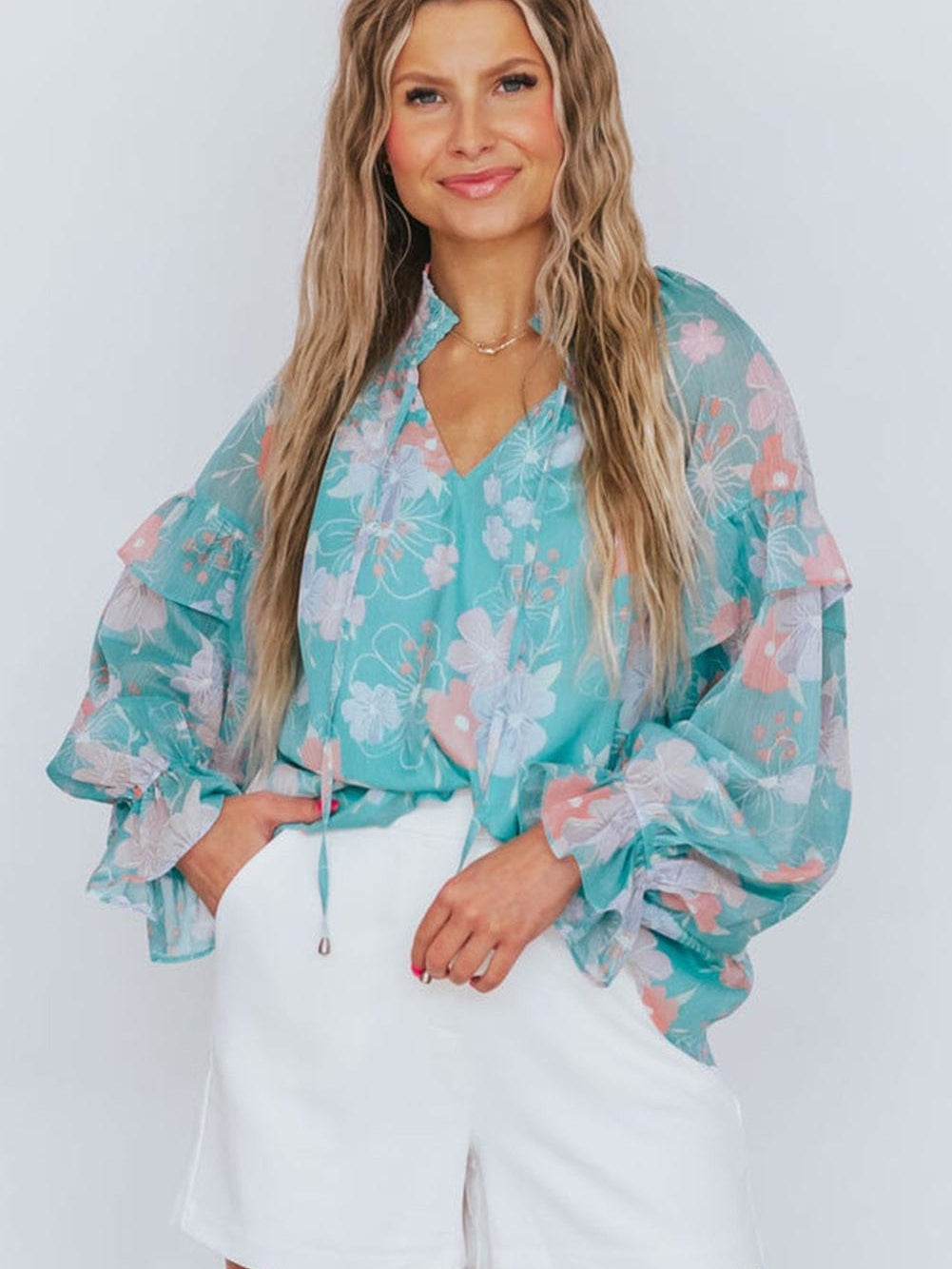 Floral Sky Blue Ruffled Puff Sleeve Blouse with Split Neck