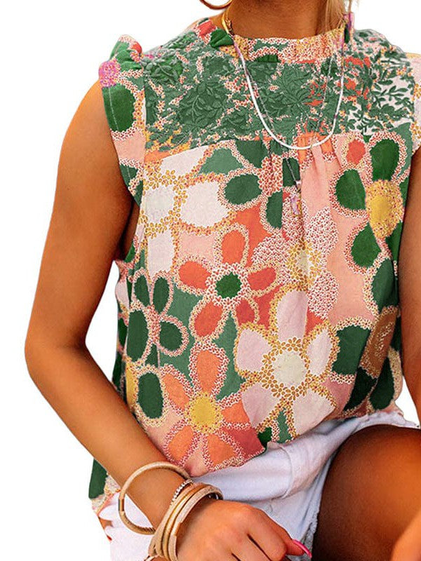 Floral Sleeveless Ruffled Chiffon Top for Women