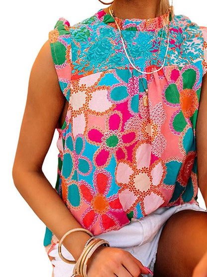 Floral Sleeveless Ruffled Chiffon Top for Women