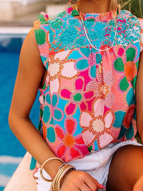 Floral Sleeveless Ruffled Chiffon Top for Women