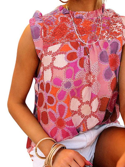 Floral Sleeveless Ruffled Chiffon Top for Women