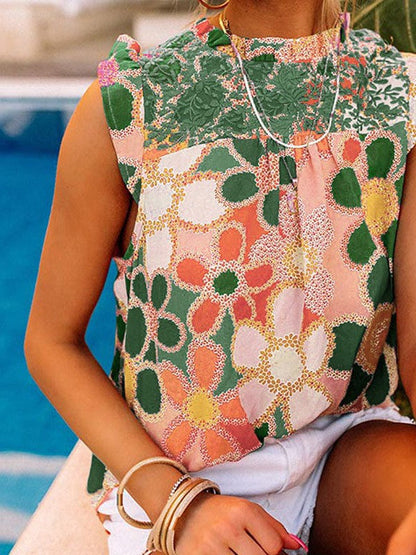 Floral Sleeveless Ruffled Chiffon Top for Women