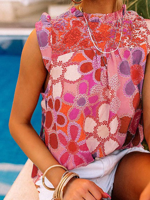 Floral Sleeveless Ruffled Chiffon Top for Women