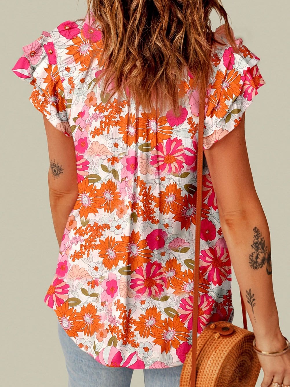 Floral Split V-Neck Ruffle Sleeve Top in Vibrant Multicolor