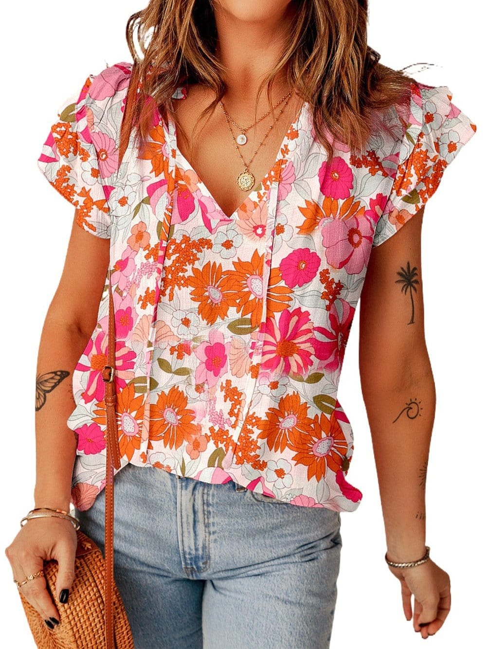 Floral Split V-Neck Ruffle Sleeve Top in Vibrant Multicolor