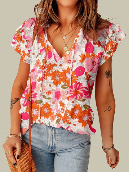 Floral Split V-Neck Ruffle Sleeve Top in Vibrant Multicolor