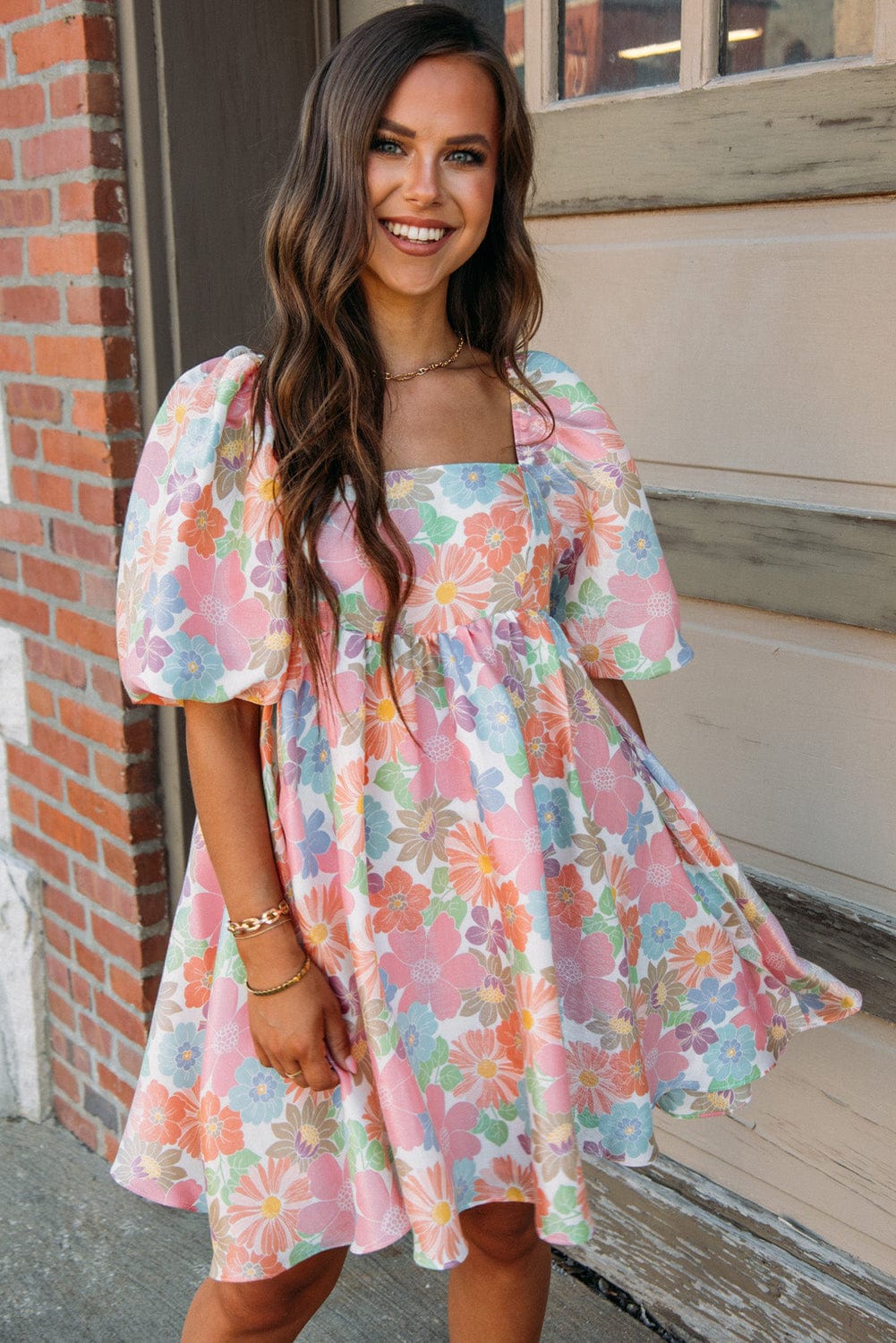 Floral Square Neck Puff Sleeve Pink Babydoll Mini Dress