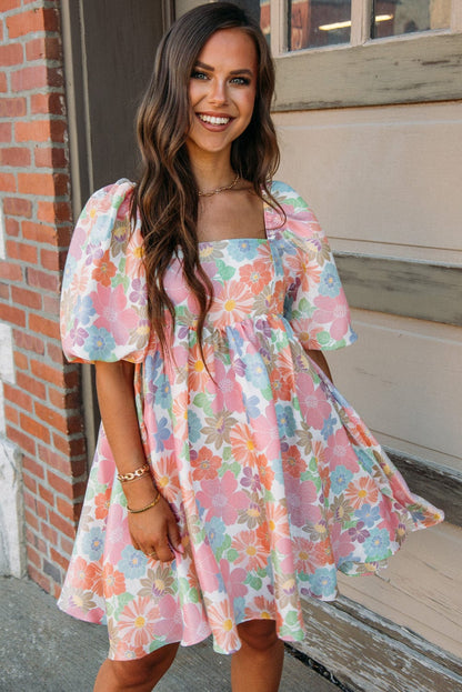 Floral Square Neck Puff Sleeve Pink Babydoll Mini Dress