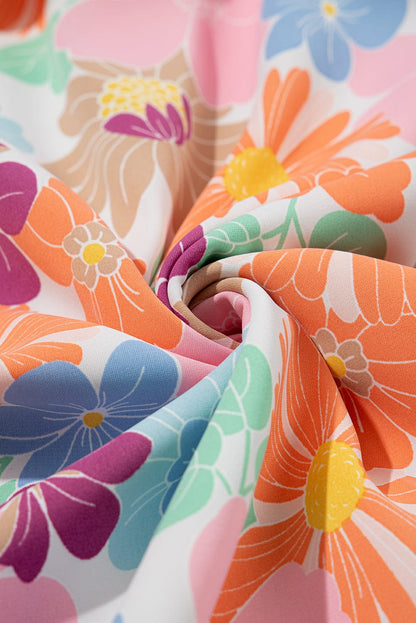 Floral Square Neck Puff Sleeve Pink Babydoll Mini Dress