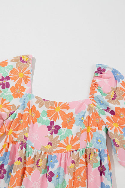 Floral Square Neck Puff Sleeve Pink Babydoll Mini Dress