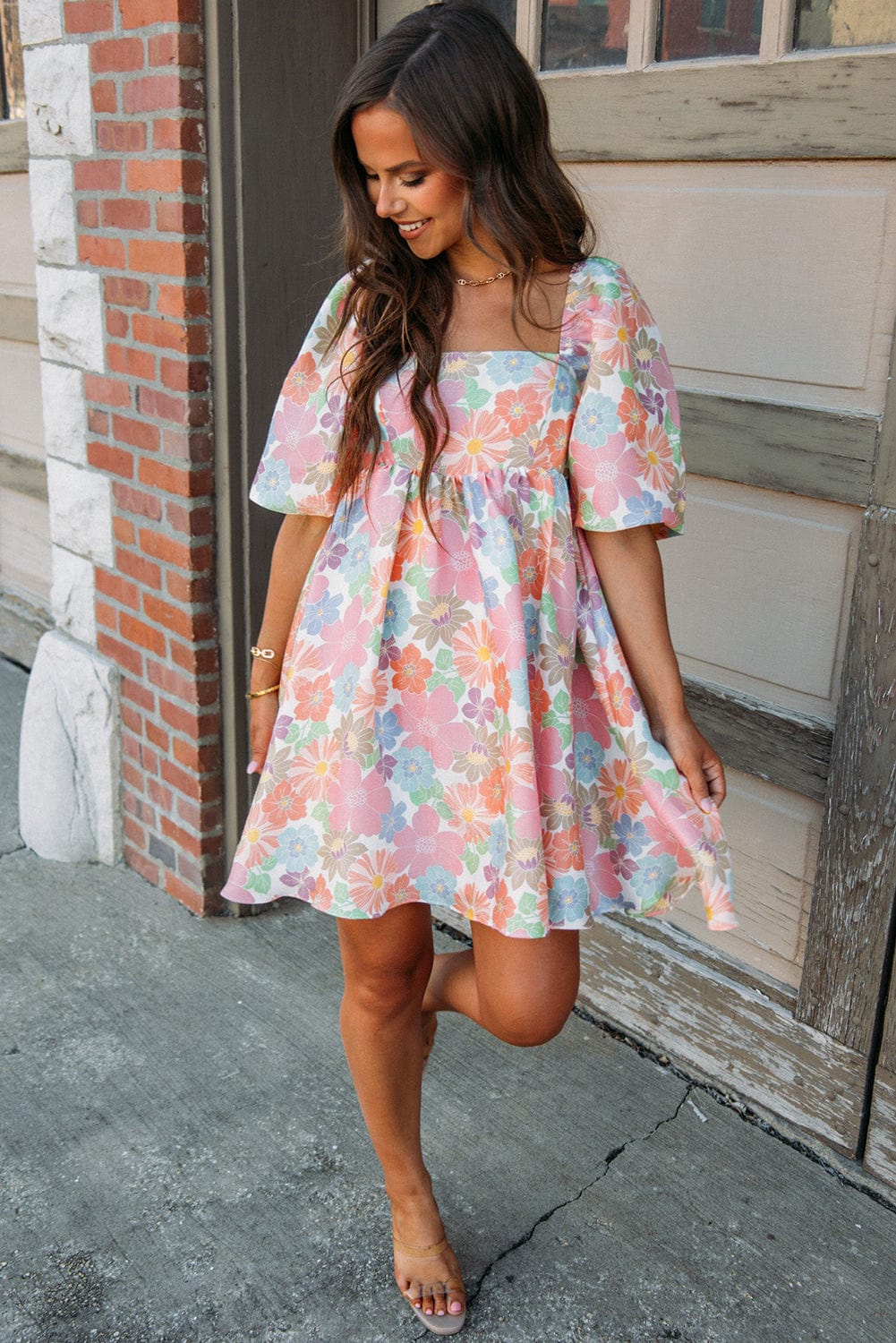 Floral Square Neck Puff Sleeve Pink Babydoll Mini Dress