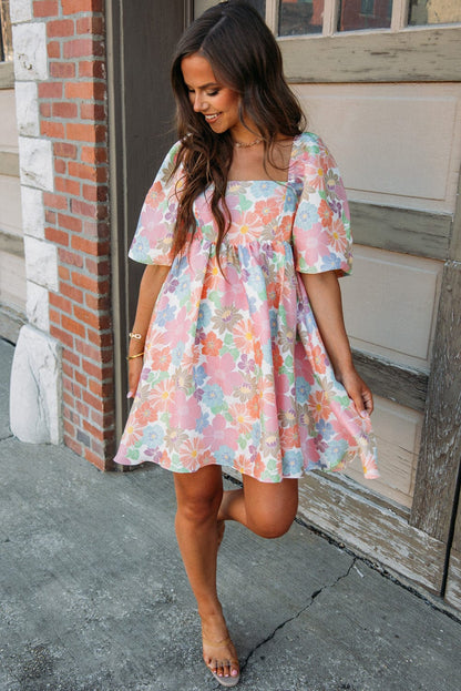Floral Square Neck Puff Sleeve Pink Babydoll Mini Dress