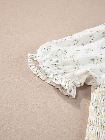 Floral Tiered White Maxi Dress with Shirred Bodice