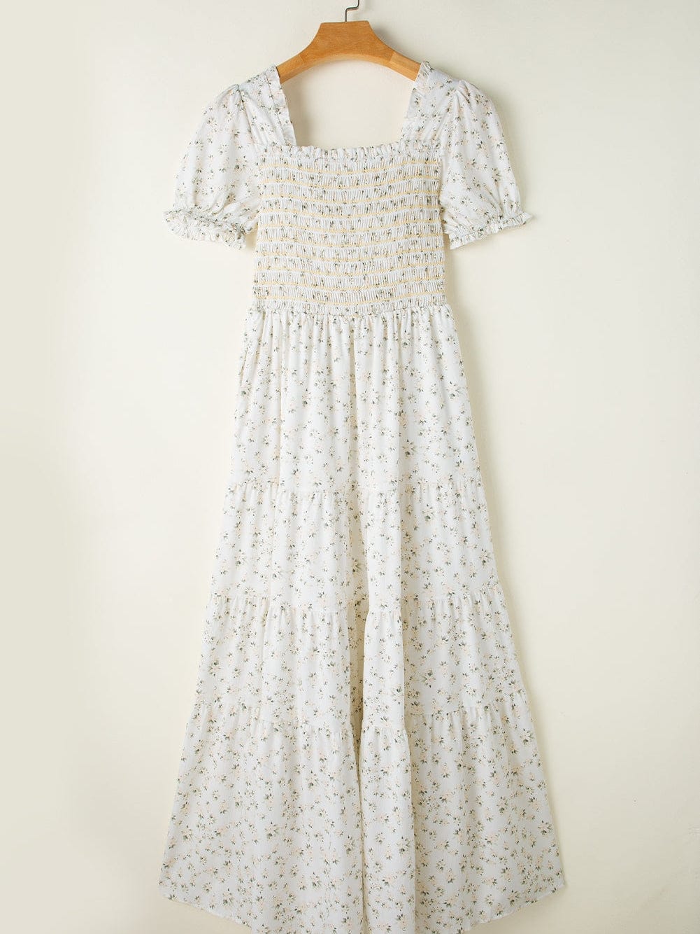 Floral Tiered White Maxi Dress with Shirred Bodice