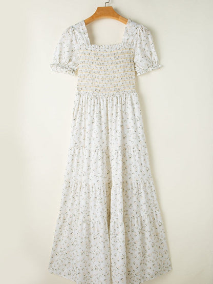 Floral Tiered White Maxi Dress with Shirred Bodice