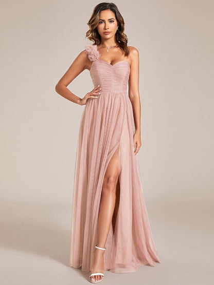 Floral Tulle Detailed One-Shoulder Bridesmaid Gown