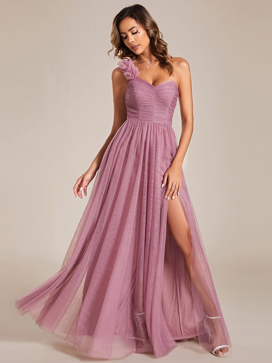 Floral Tulle Detailed One-Shoulder Bridesmaid Gown