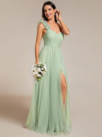 Floral Tulle Detailed One-Shoulder Bridesmaid Gown