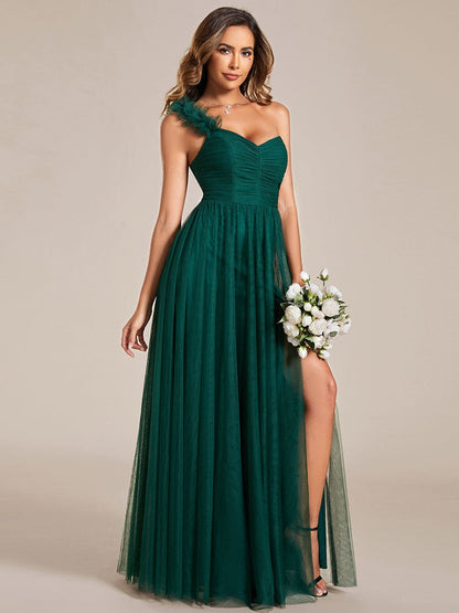 Floral Tulle Detailed One-Shoulder Bridesmaid Gown