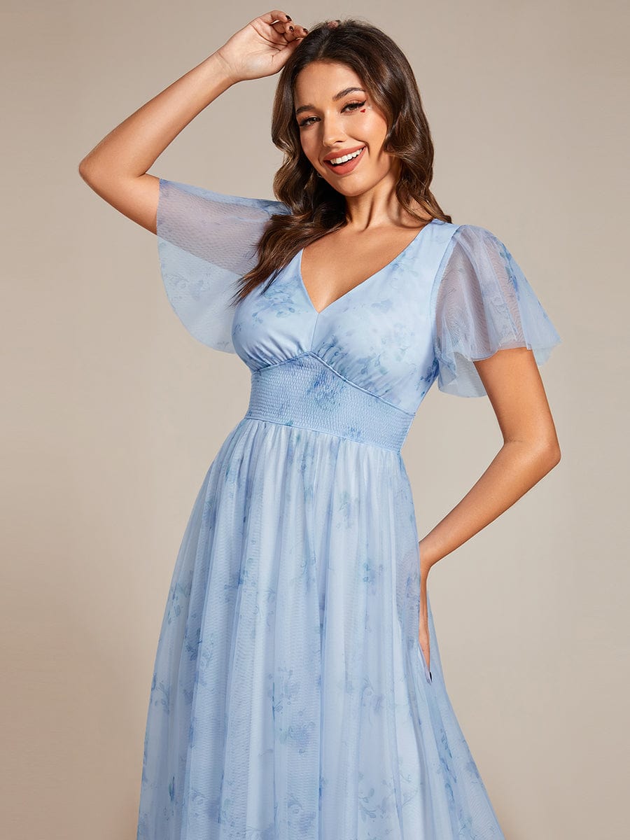 Floral Tulle V-Neck Short Sleeves Wholesale Evening Gown
