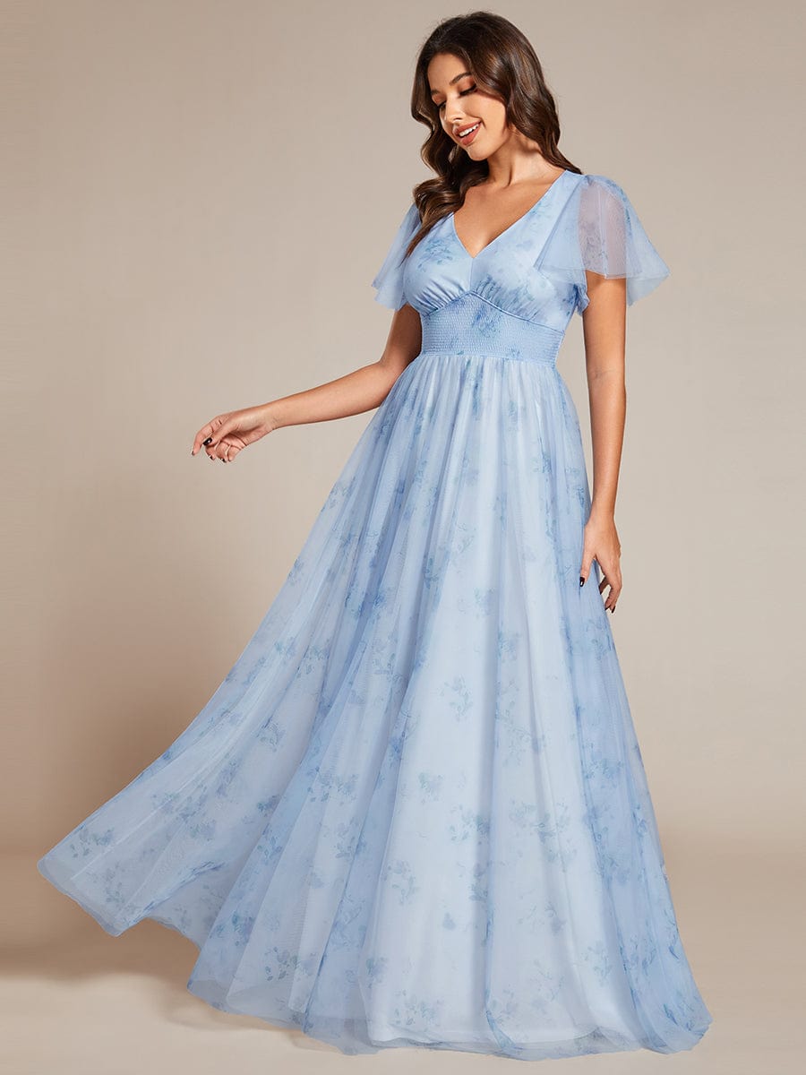 Floral Tulle V-Neck Short Sleeves Wholesale Evening Gown